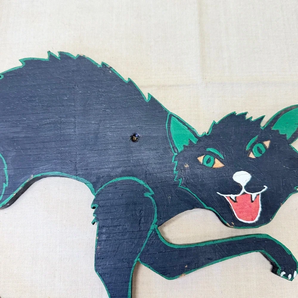 Vintage Black Halloween Cat Wall Hanging Folk Art Wood Decor 13